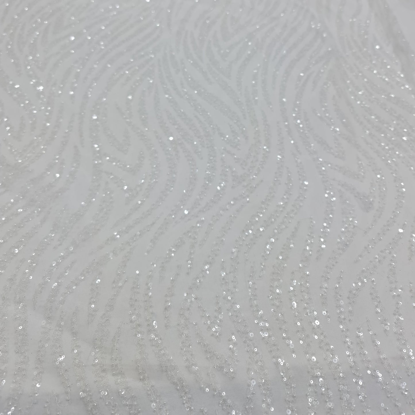 White Heavy Beaded Bridal Tulle Curve Design