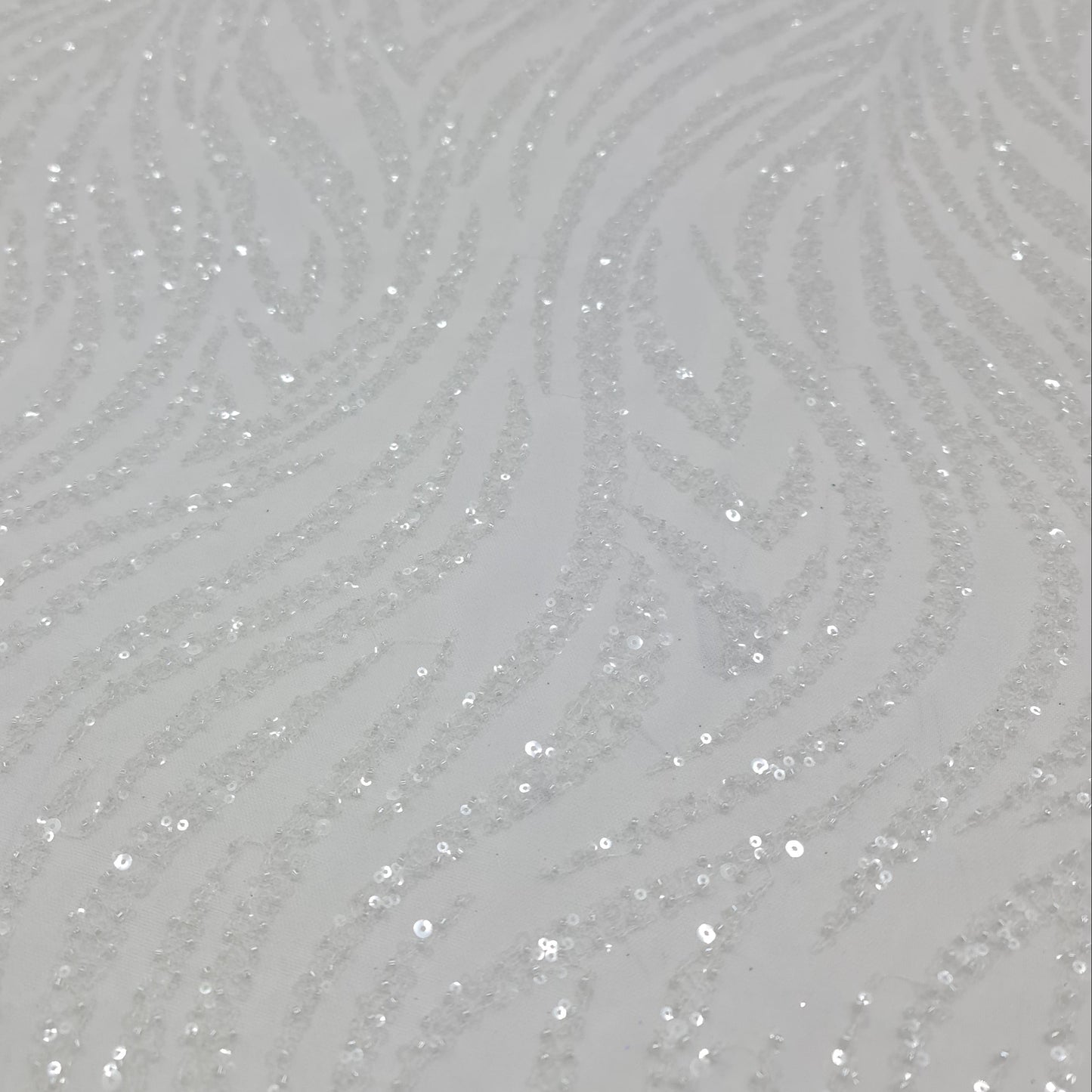 White Heavy Beaded Bridal Tulle Curve Design