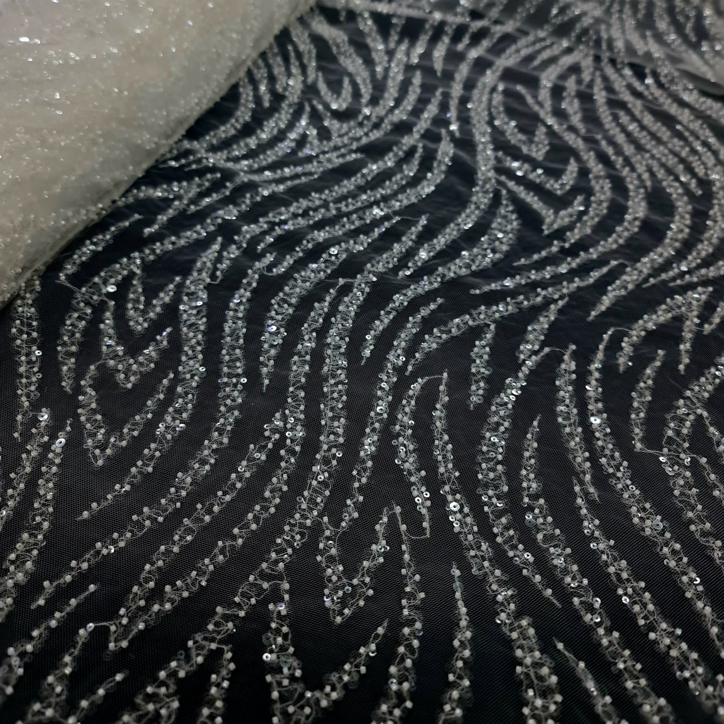 White Heavy Beaded Bridal Tulle Curve Design