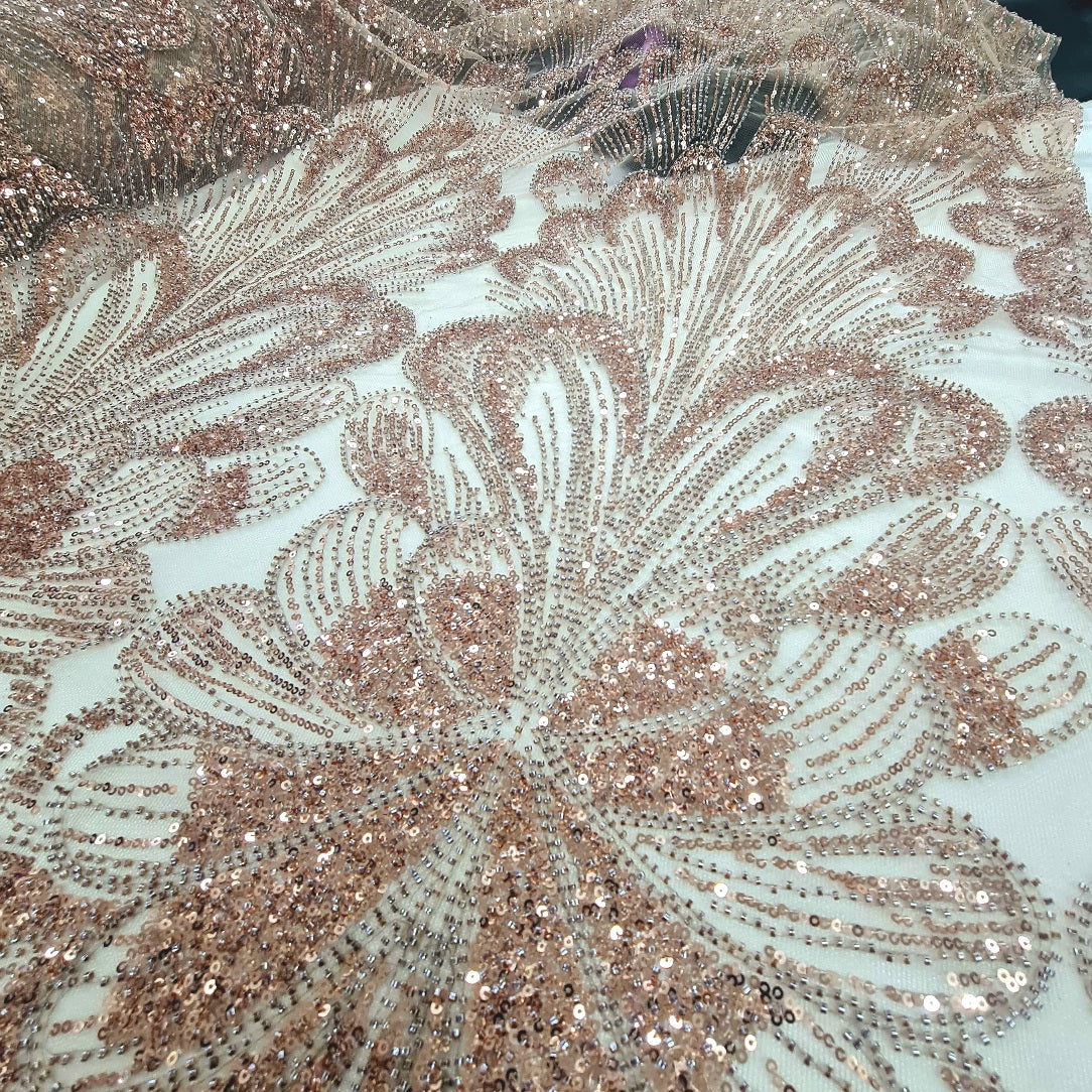 Heavy Beaded Bridal Fabric- Rose Gold