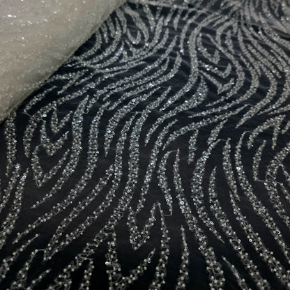 White Heavy Beaded Bridal Tulle Curve Design