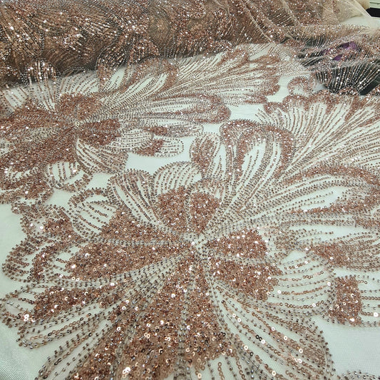 Heavy Beaded Bridal Fabric- Rose Gold